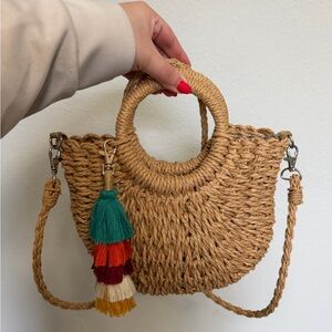 Chic Tan Woven Handbag with Tassel